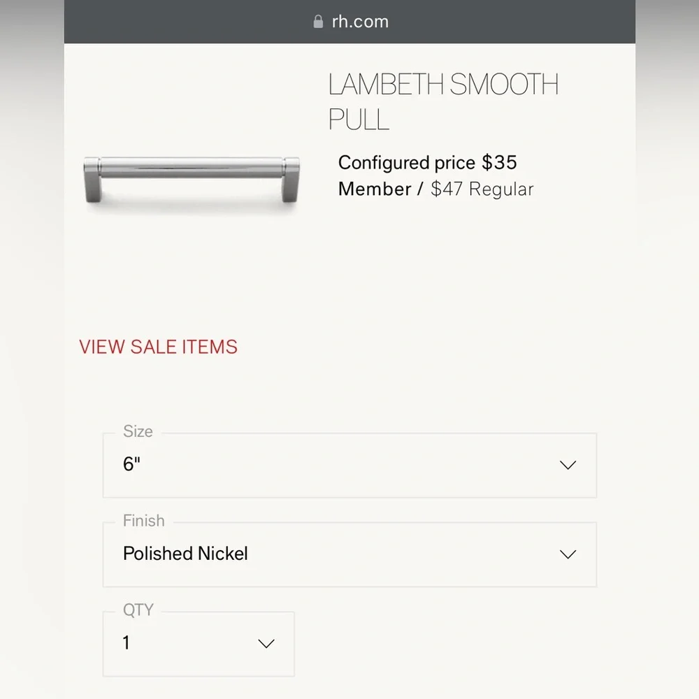 Restoration Hardware LAMBETH SMOOTH PULL 6” Polished Nickel